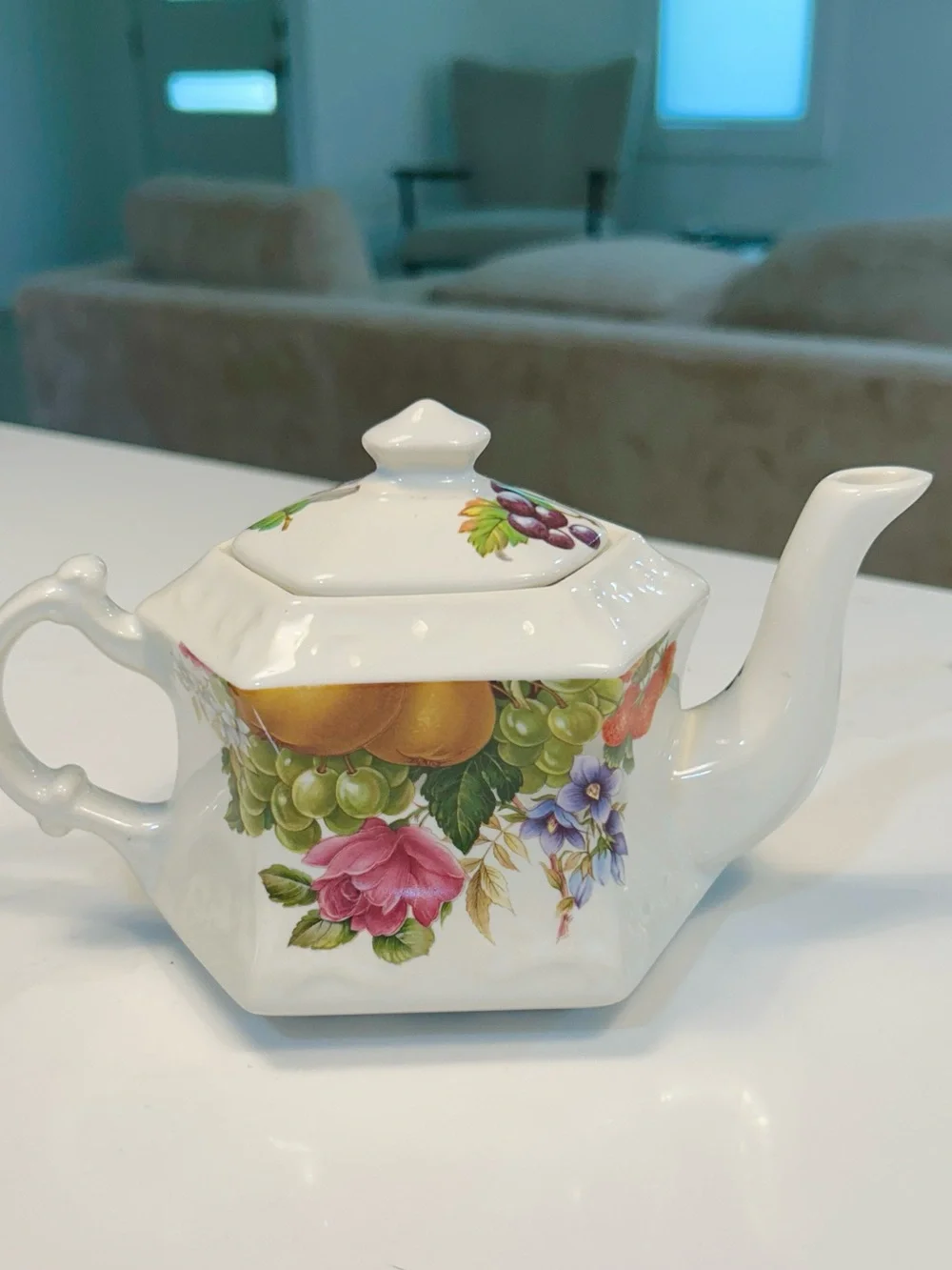 Vintage Cream Ceramic Teapot with Multicolor Fruit & Floral Motif